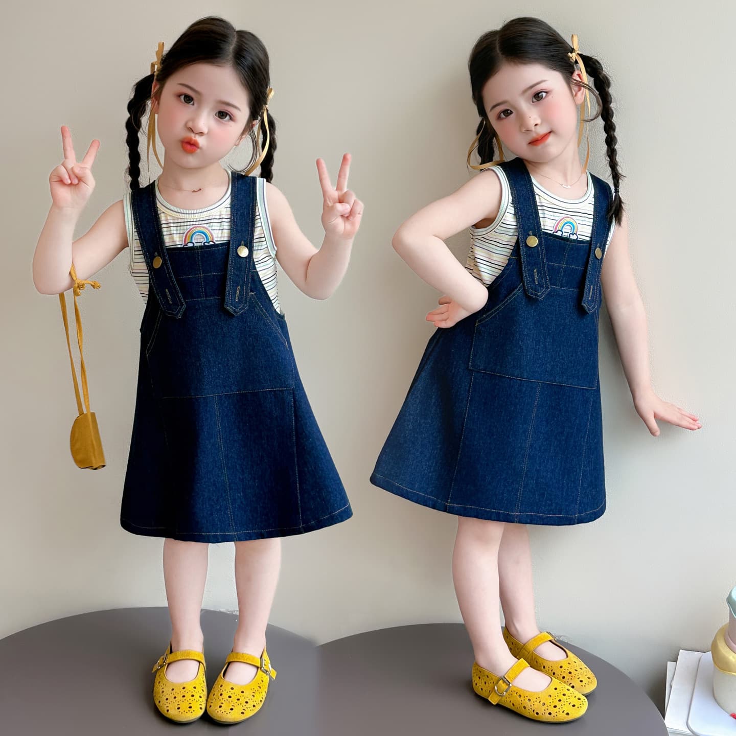 Summer Girls Rainbow Stripe Knit Vest Denim Overall Dress Set, Children's Sleeveless Top Two-Piece Set
