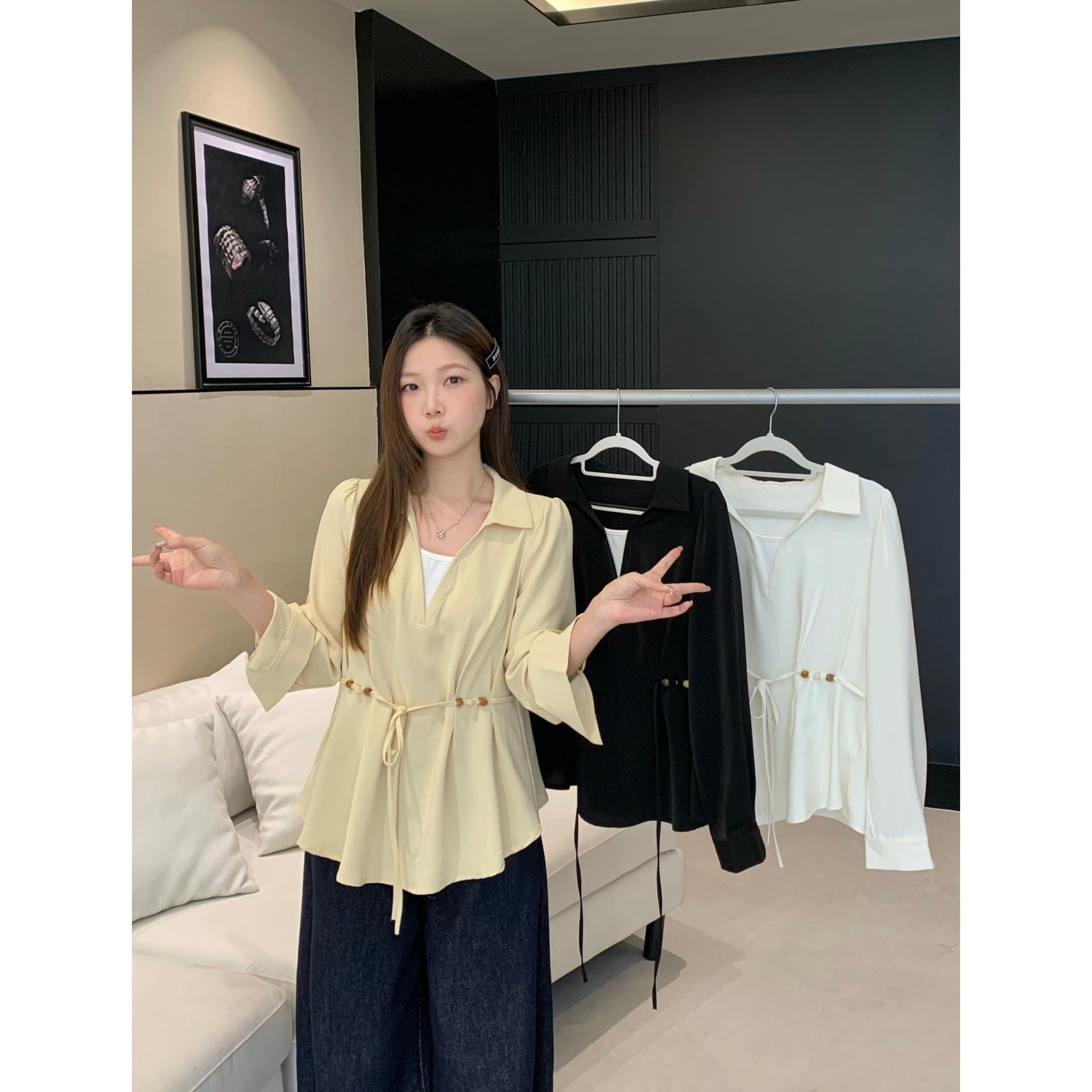 Real Shot 2026 Spring Plus Size Faux Two-Piece Shirt with Waist-Tightening Design, Loose and Slimming Blouse 80793