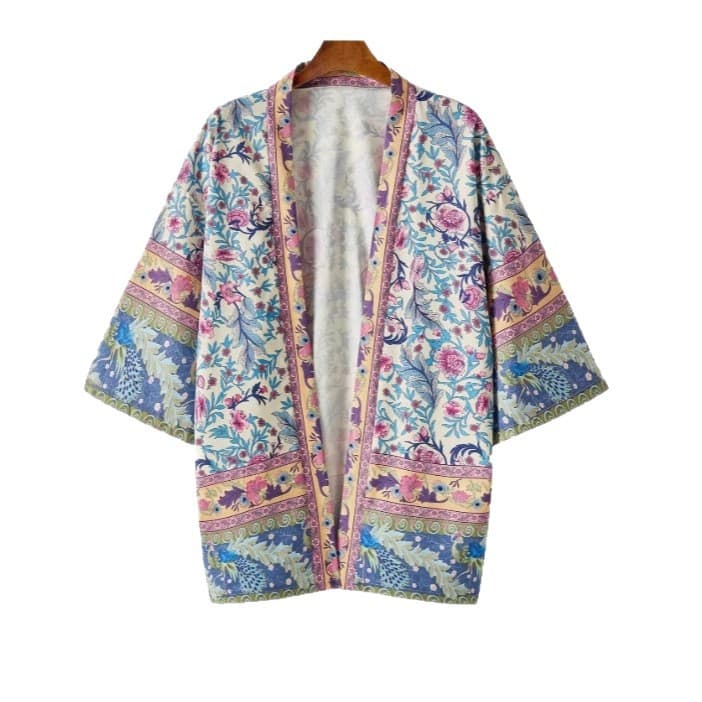 European and American Retro Elegant Floral Print Three-Quarter Sleeve Kimono Cardigan Fashion Casual with Belt Short Jacket Lightweight Outerwear