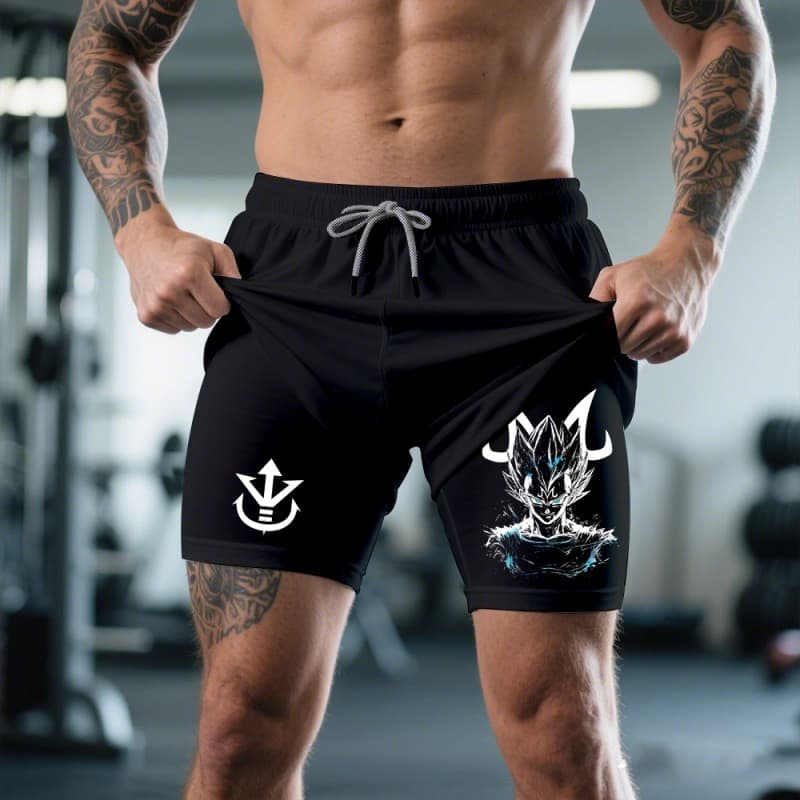 Summer Dragon Ball Print Fitness Men's Shorts Sports Compression Shorts Double Layer 2-in-1 Quick-Dry Beach Shorts