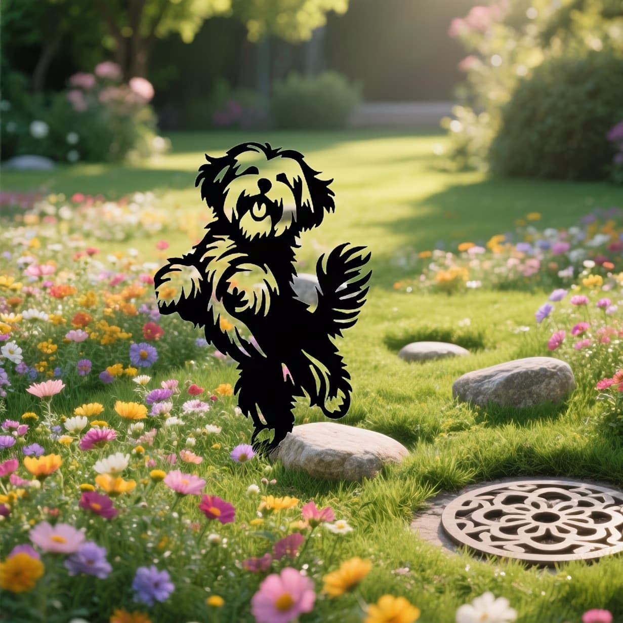 TUME Hot Selling Metal Ground Stake Cute Havanese Dog Outdoor Garden Lawn Decoration Christmas Gift