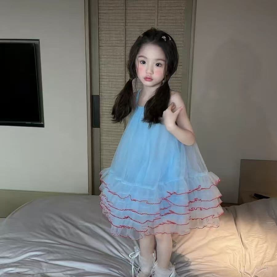 Summer Girls Dress Mesh Children Princess Dress Fashionable Strappy Dress Baby Sweet Puffy Dress Outfit