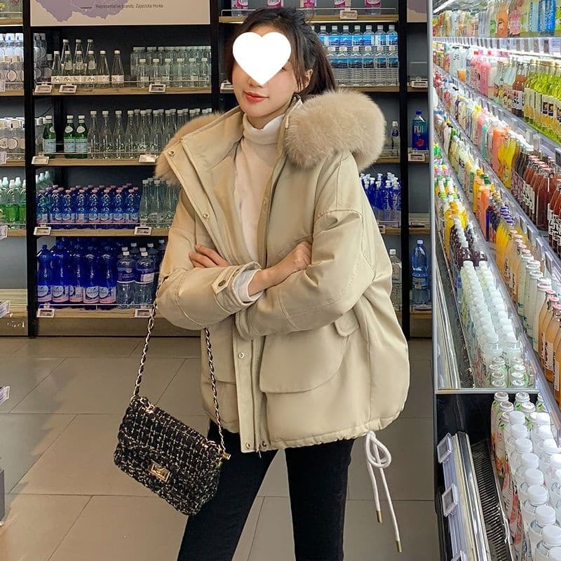 Real Fox Large Fur Collar Short Parka Winter Women Fleece Lined Thickened 2025 Youthful Fashion Petite Fur