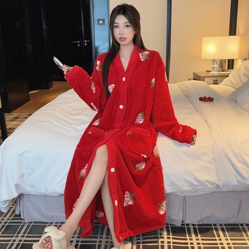 Winter V-Neck Warm Half-Velvet Thickened Long-Sleeved Zodiac Year New Year Red Nightgown Cardigan Bathrobe Pajamas for Women