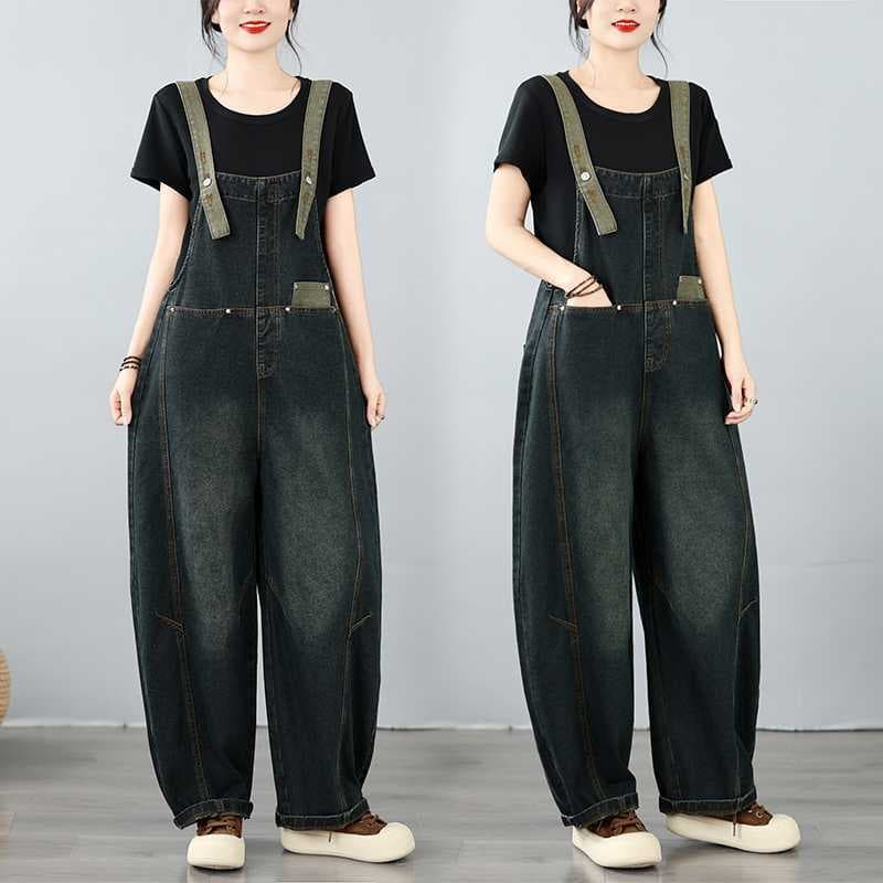 2026 Early Autumn New Korean Style Large Size Loose Contrast Color Shoulder Straps Denim Suspenders Casual Scimitar Pants