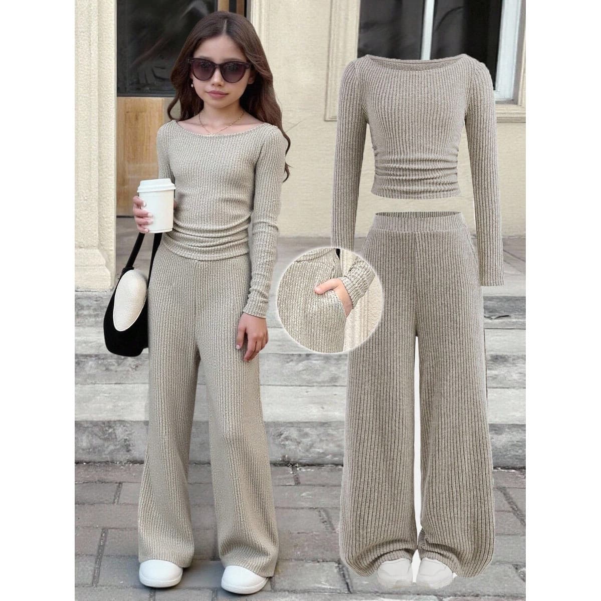 Y 56966 High Neck Knit Pants Set