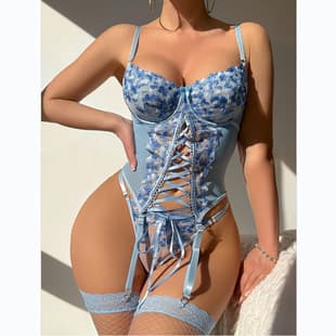 Cross-border European & American Shaping Lace Floral Embroidery Backless Sheer Sexy Lingerie Bodysuit