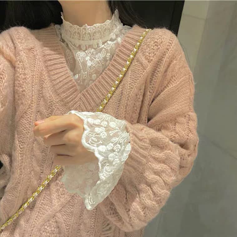 Lace Layering Top Long Sleeve Mesh Delicate Inner Lace Top Women Autumn Winter Fashionable Lace Blouse