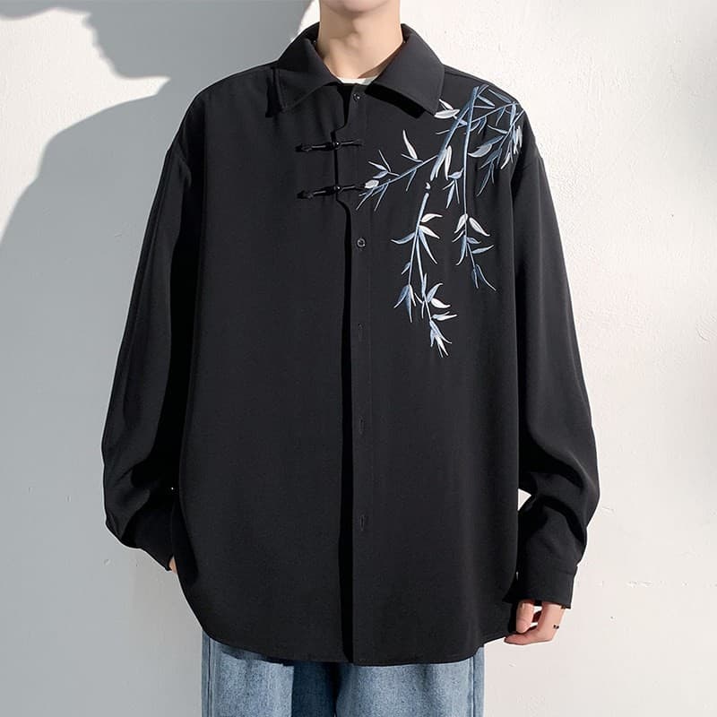 New Chinese Style Men's Shirt 2025 Spring New Bamboo Print Long Sleeve Turn-Down Collar Casual Loose Jacket