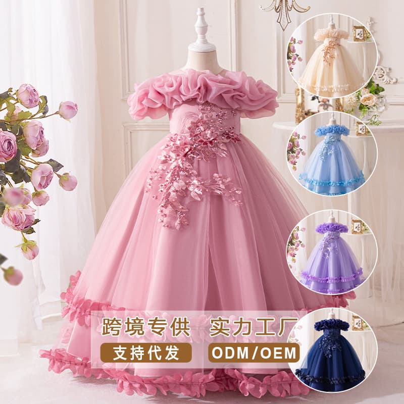 Cross-Border Children's Dress Light Luxury Mesh Fluffy Princess Dress Wedding Dress Banquet Piano Performance One-Shoulder Dress Summer