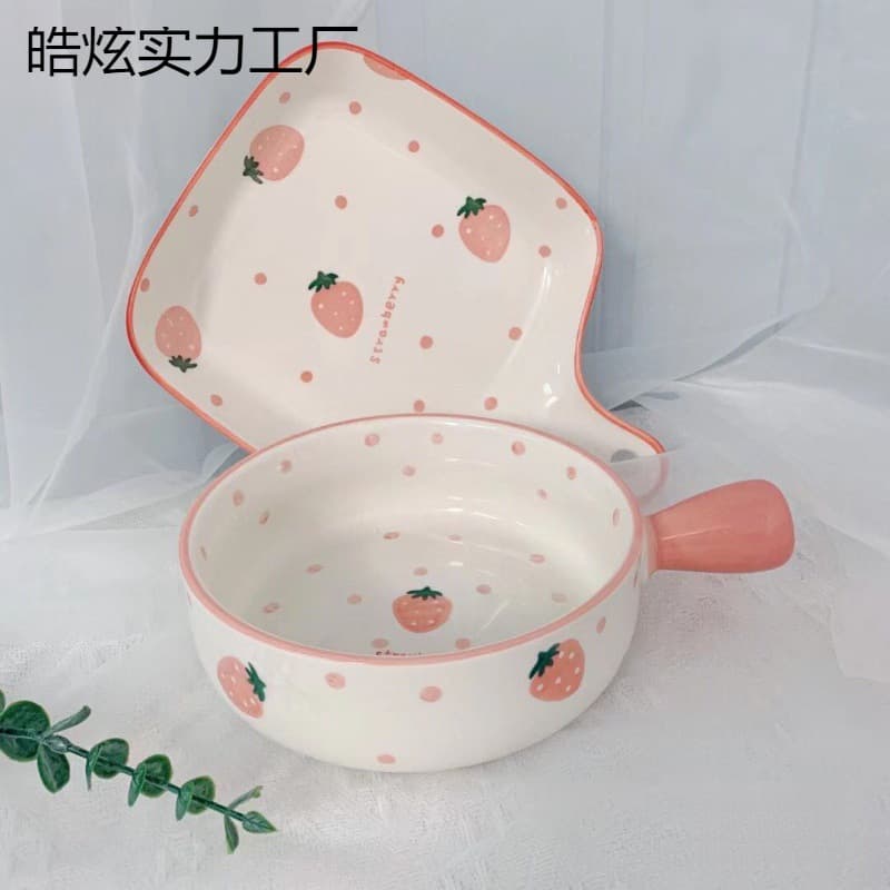 Microwave-safe Nordic-style bowl with handle, berry hand-painted handle, ceramic tableware, baking dish, steamed egg bowl