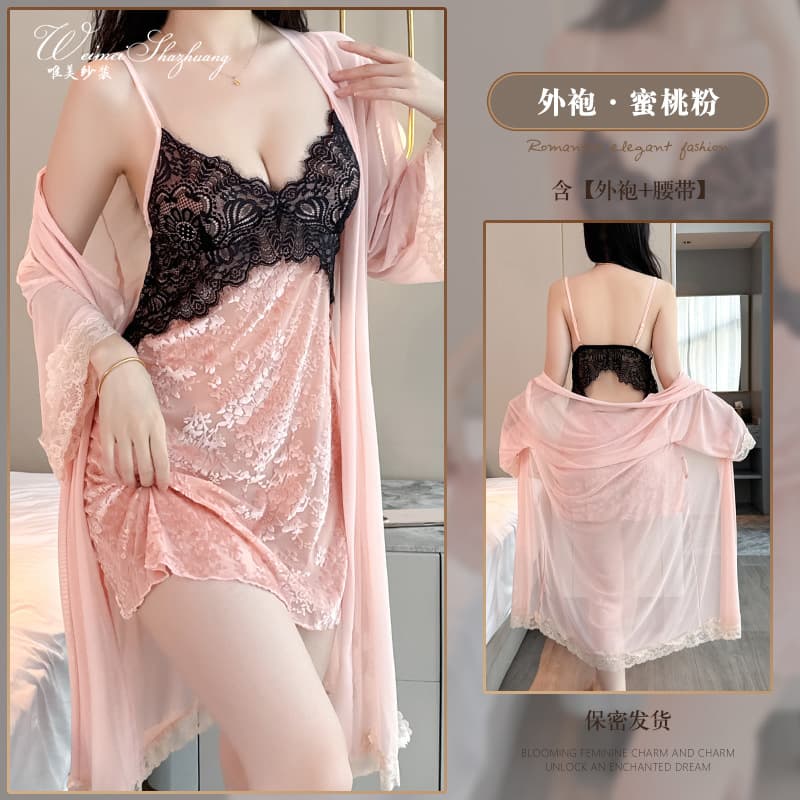New Autumn/Winter Pure Desire Style Camisole Sleepwear Set Women's Sexy Deep V Velvet Nightgown with Padded Bra Home Sleep Dress