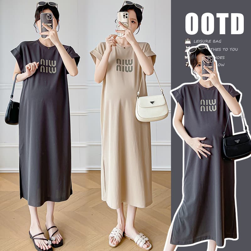 Maternity Summer T-Shirt Dress Plus Size Printed Top Pregnancy Clothes Fashionable Midi Dress
