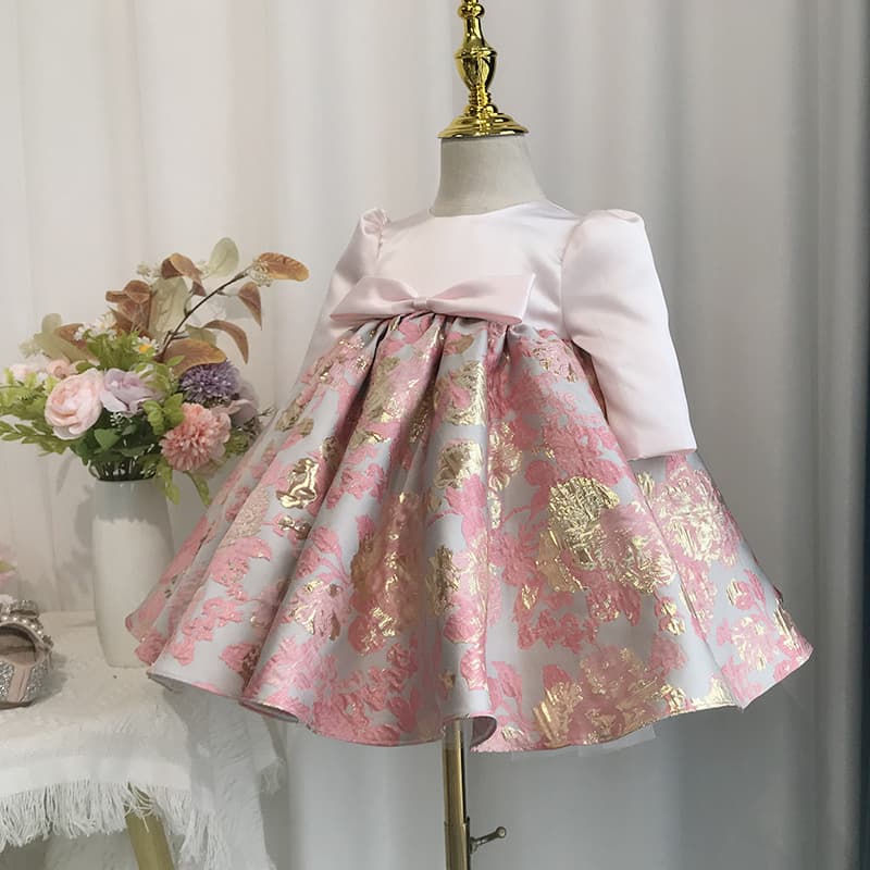 Baby one-year-old dress, girl's birthday photoshoot, light luxury and western style printed satin princess dress, Korean style tutu skirt, long sleeves, autumn