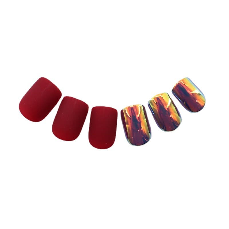 Factory Direct Supply for European and American Supermarkets False Nail Stickers 30pcs Short Natural Square Nails Aurora Iridescent Red Nail Art