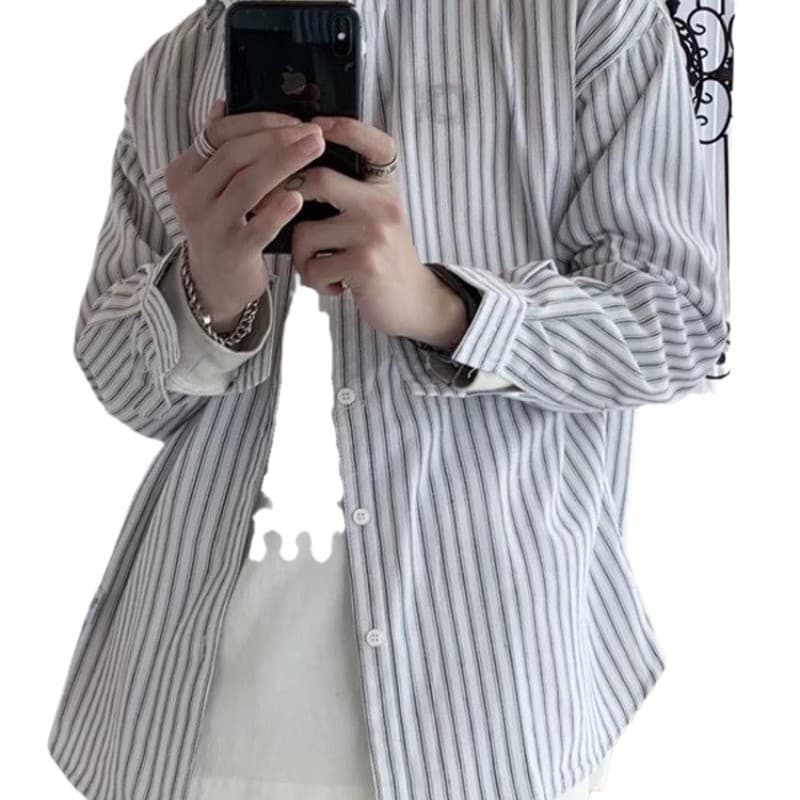Spring and Autumn Striped Shirt for Men, Korean Loose Fit Trendy Casual Long-Sleeve Jacket, Versatile and Handsome