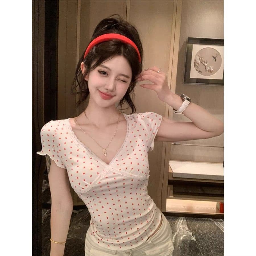 French White Lace Polka Dot V-Neck Short Sleeve T-Shirt for Women Summer Pure Desire Hot Girl Style Fitted Petite Cropped Top