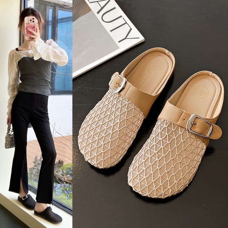 Baotou Half Slippers for Women 2025 Summer New Woven Mesh One-Pull Birkenstock Slippers Versatile Casual Sandals