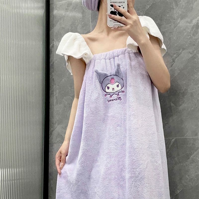 Cartoon Kuromi bathrobe for women, adult, household wearable, water-absorbent, quick-drying, non-shedding bathrobe, princess coral velvet