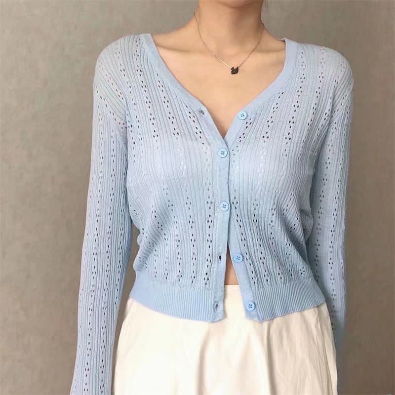 Simple and Elegant Factory Wholesale Hollow Knit Cardigan Jacket Thin Air Conditioning Knit Sun Protection Sweater Women's Clothing