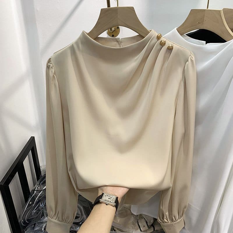 2025 spring new style European design and temperament solid color shoulder beaded pullover long-sleeved chiffon shirt women's thin shirt