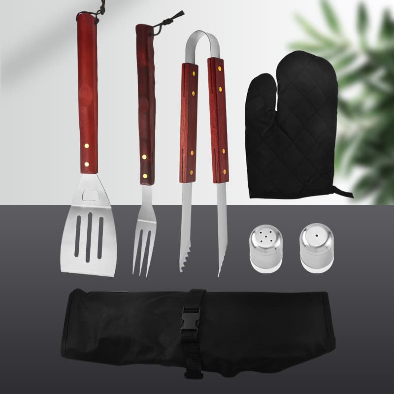 Outdoor Camping Portable Apron Grill Set - BBQ Utensils Apron Wooden Handle Barbecue Tools 6-Piece Factory Ready-to-Ship