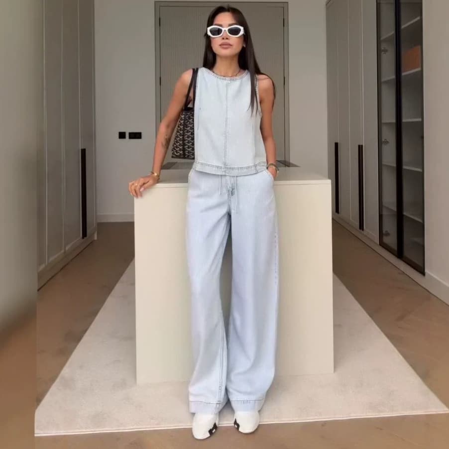 Amazon 2026 New European and American Style Korean Denim Slim Fashion Sleeveless Sweatshirt Casual Sports Pants Suit