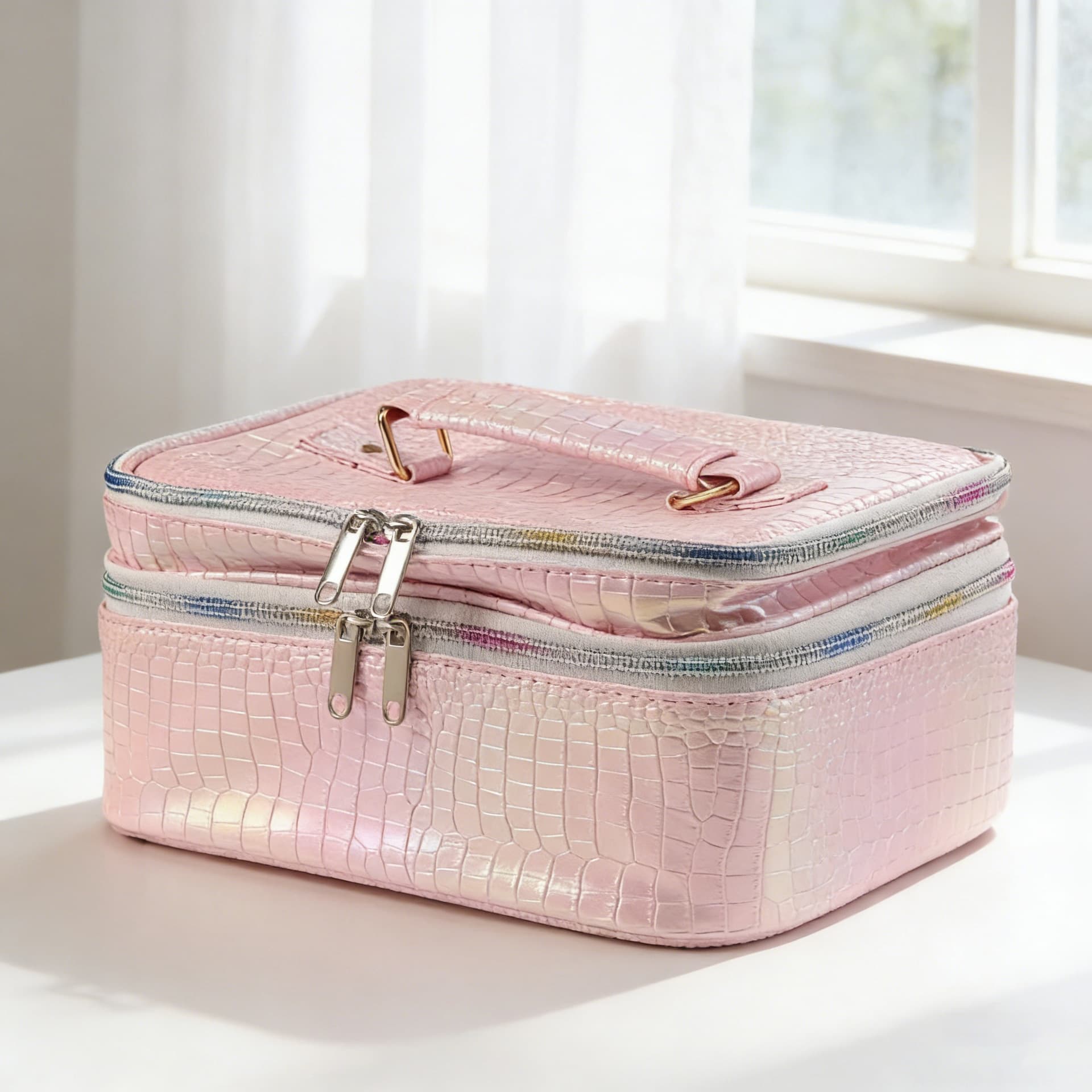 Crocodile Texture Makeup Bag, Cosmetic Tool Organizer, Waterproof Portable Handheld with Divider, Embroidery Crocodile Leather Makeup Bag