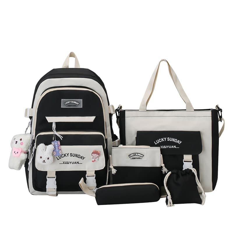 School Bag 5-Piece Set for Middle and High School Students, Large Capacity Women's Backpack, Fashionable Simple Contrast Color Casual Study Bag