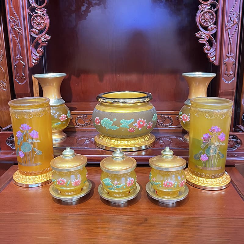 Glazed Offering Cup Set for Home Use, Offering Plate, Incense Burner for Worshiping Guanyin, Buddhist Altar Complete Set, Buddhist Ritual Supplies