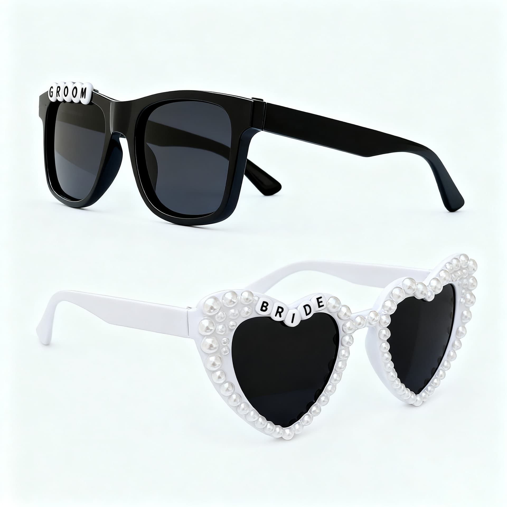 Cross-border wedding party decoration glasses GROOM&BRIDE pearl heart-shaped sunglasses wedding photo props