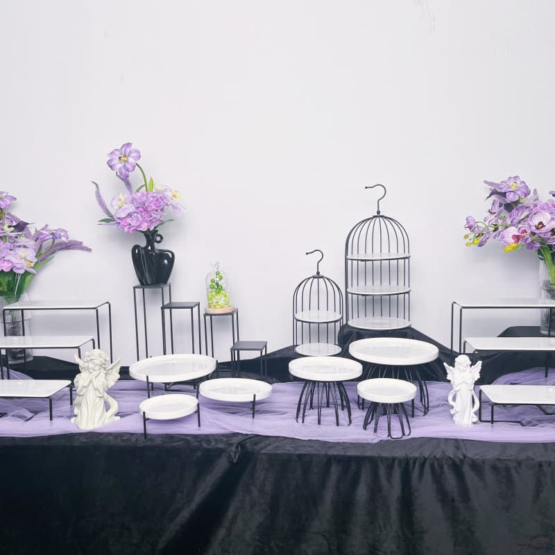 High-end hotel self-service birdcage dessert stand, cold buffet dessert display stand, three-layer ceramic dessert plate set