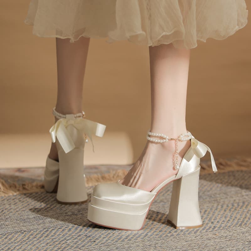 Jin Gang MY12003 Square Toe Chunky Heel Hollow Double-Layer Platform Ultra-High Heel Shoes for Women 2024 Wedding Bride Shoes