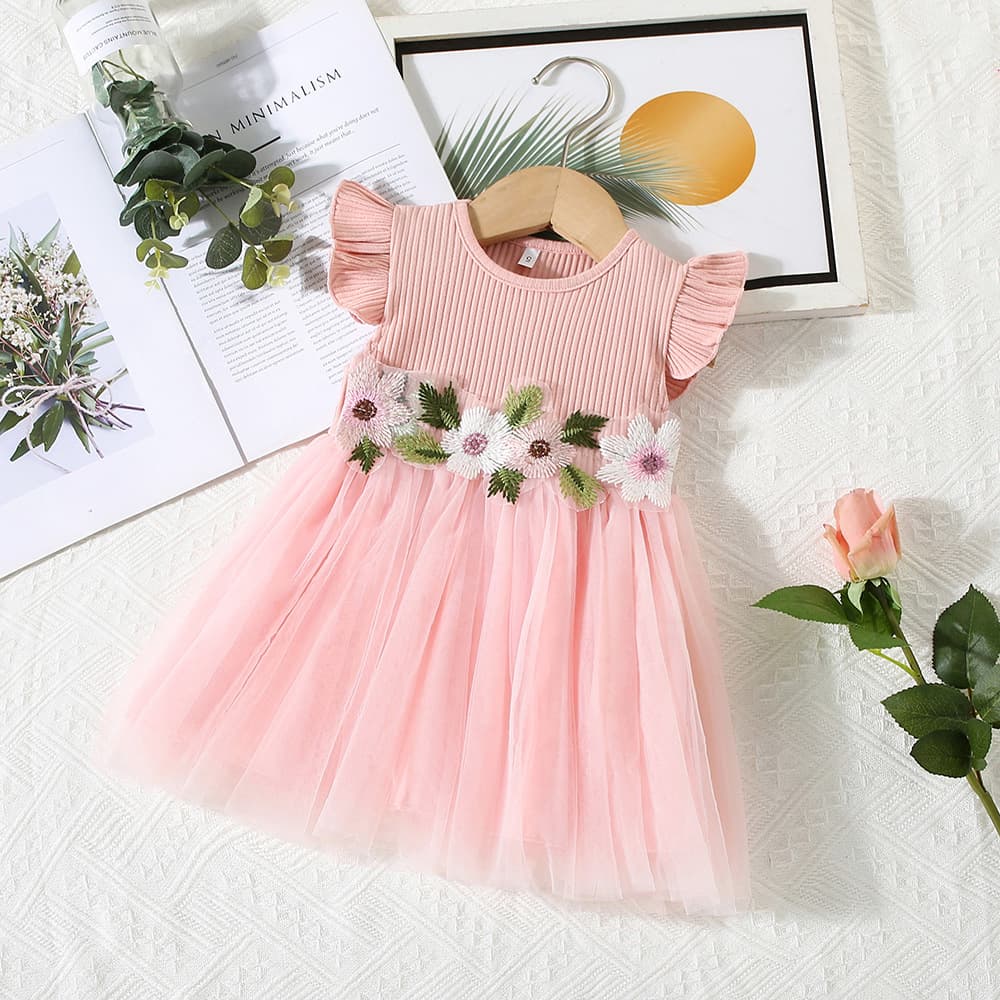 Summer Princess Style Girls Dress Embroidered Flower Mesh Skirt Cute Sleeveless A-Line Dress Soft Polyester Fabric for Toddlers