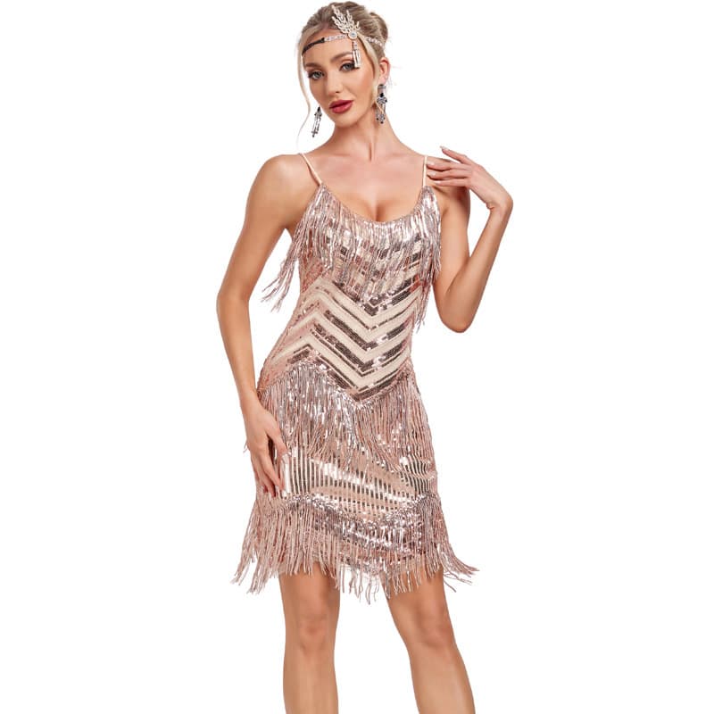 European and American INS Solid Color Halter Neck Tie V-Neck Sequin Fringe Party Dress Short Dress Prom Dress