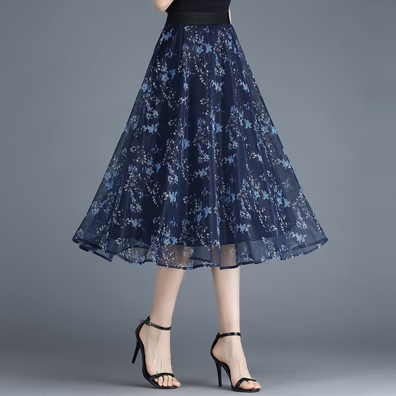 Summer Organza Half Skirt, Mesh Tulle Skirt, Slimming A-Line Midi Skirt, High-Waist Printed Umbrella Skirt for Women