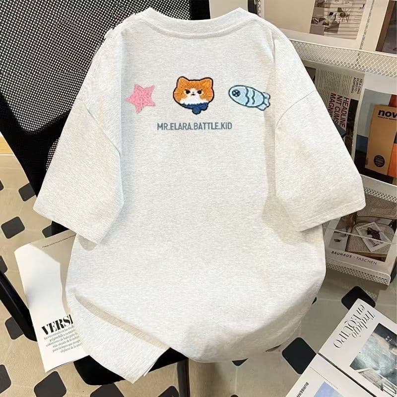 Men's Heavyweight Cotton Short Sleeve T-Shirt, New Summer Style, Cute Cat Print, Breathable, Casual, Versatile Top