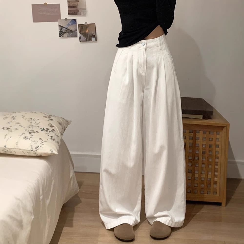Korean Style White Pleated Straight-Leg Jeans for Women, Autumn High-Waist Loose Flowy Casual Versatile Wide-Leg Floor-Length Pants