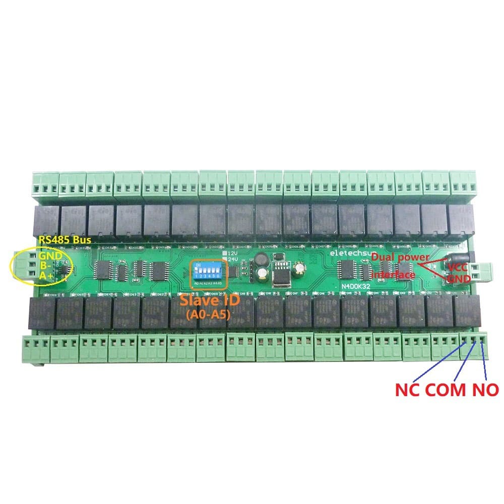 12V 24V 32-Channel DIN Rail RS485 Relay Modbus RTU Protocol Remote Control PLC Expansion Board
