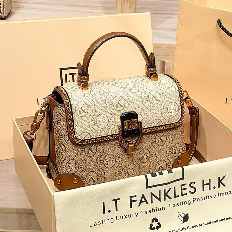 Hong Kong Brand Genuine Leather Women's Handbag 2025 New Style Fashion Versatile Cowhide Color-Block Top Handle Shoulder Crossbody Small Square Bag