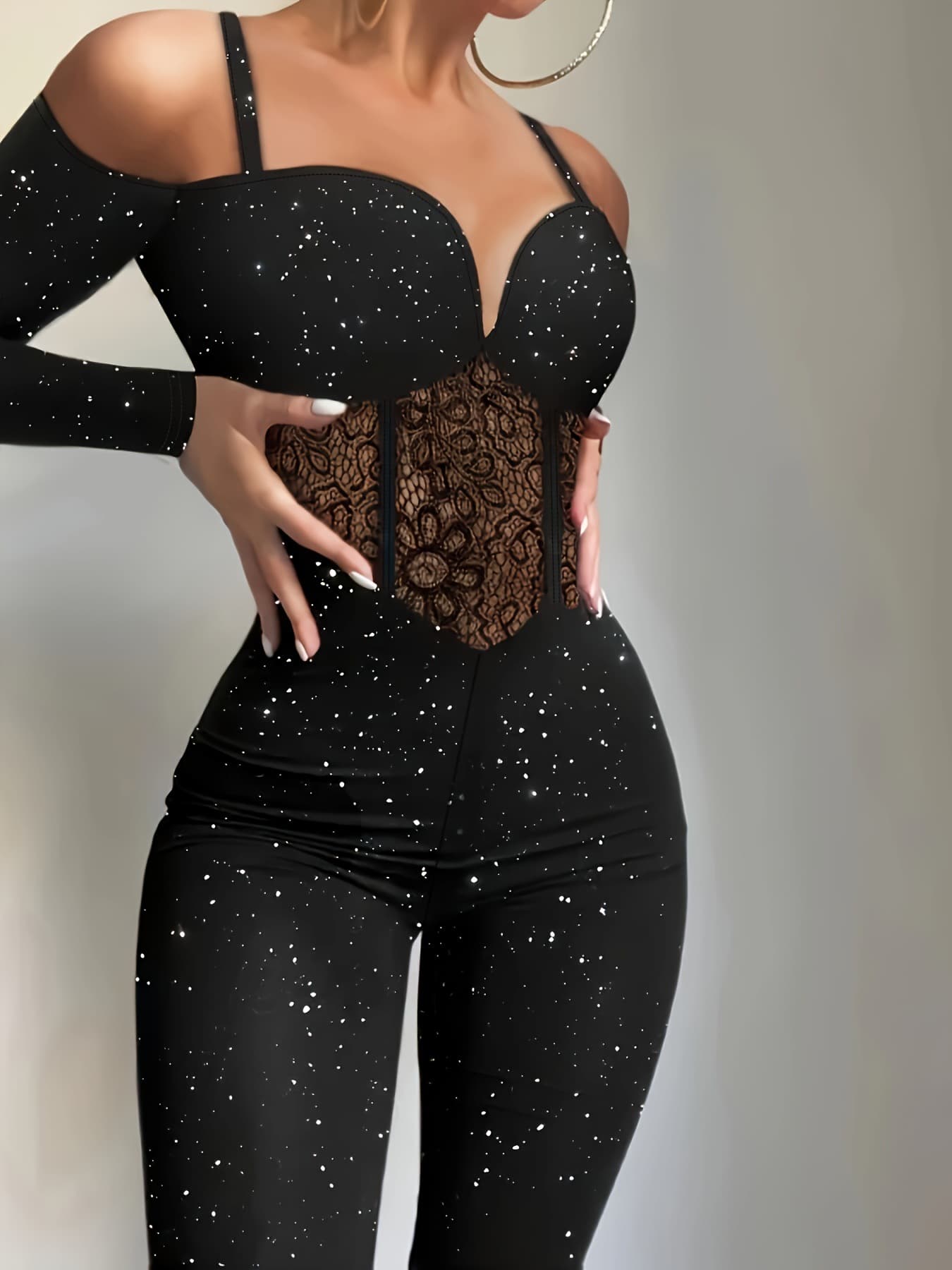 Z 84011 Lace Hollow Glitter Jumpsuit