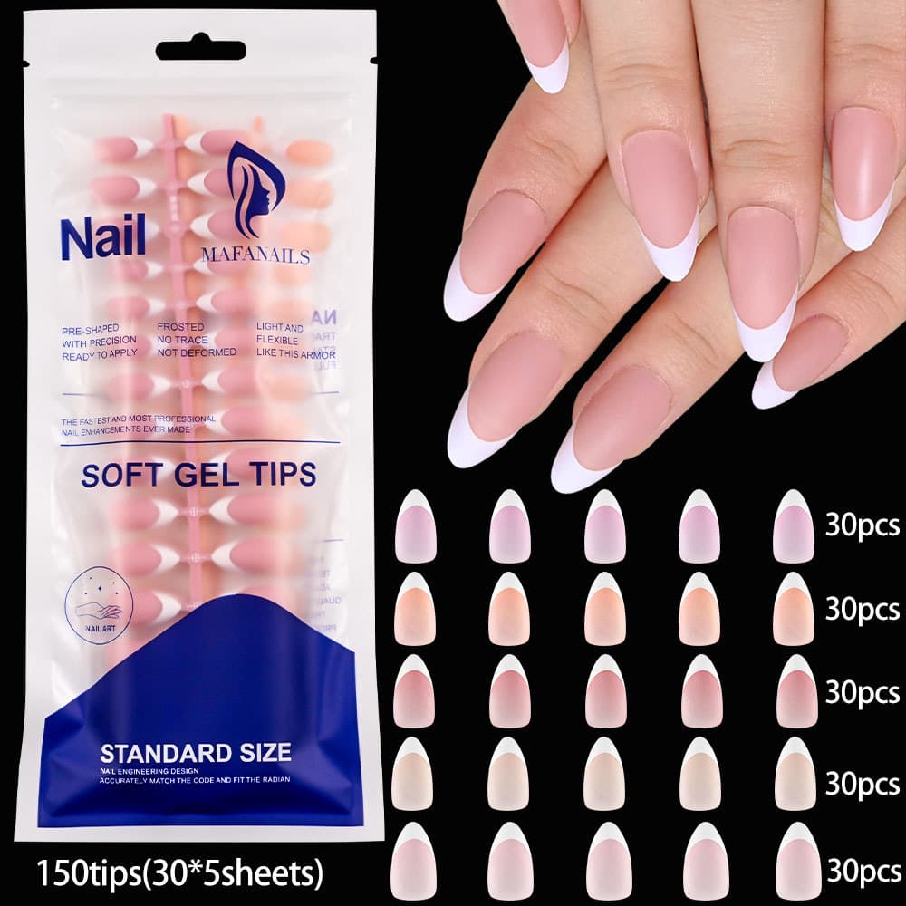 150 Pieces of Bagged French White Edge Apricot Wearable Nails Nude Pink Fake Nails Full Stickers Frosted Manicure Nails