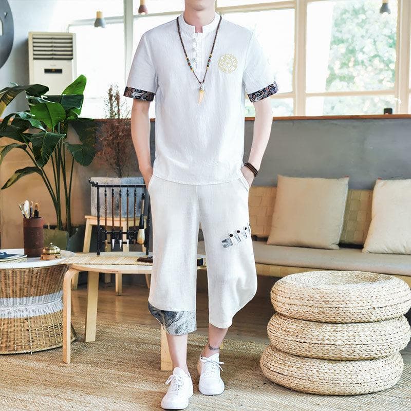 Chinese style cotton and linen suit men's summer two-piece set of linen short-sleeved T-shirt with cropped pants