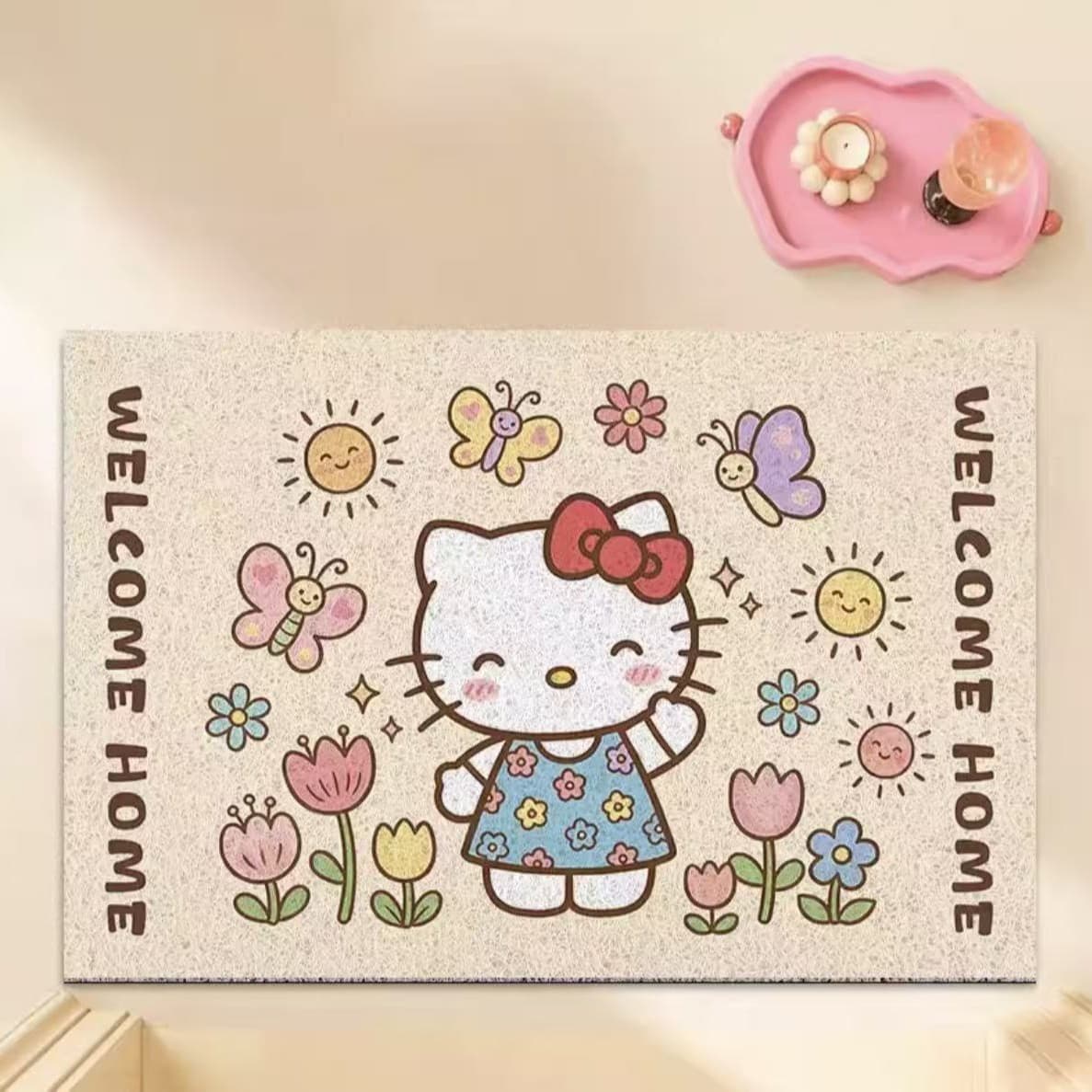 Small fresh Hello Kitty silk circle floor mats, entrance shoe changing area, wear-resistant door mats, household PVC cuttable and stain-resistant foot mats