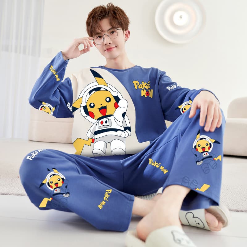 Men's pajamas spring and autumn long-sleeved cartoon style plus size youth suits boys casual wearable home clothes