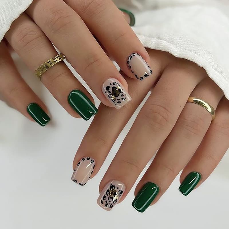 New Short Square Leopard Print Press-On Nails Green Nude Wearable Nail Tips