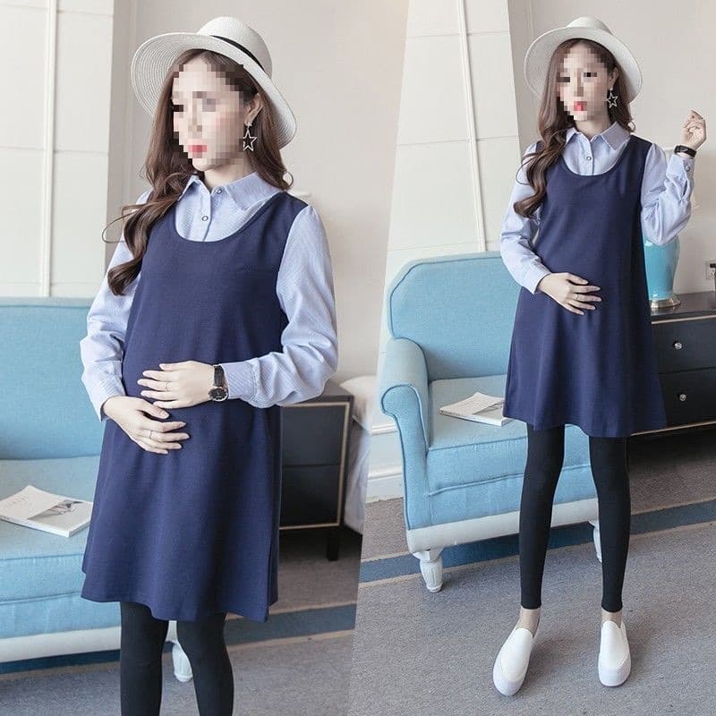 New Korean style maternity spring outfit set, long-sleeved top and dress, casual two-piece set for spring.