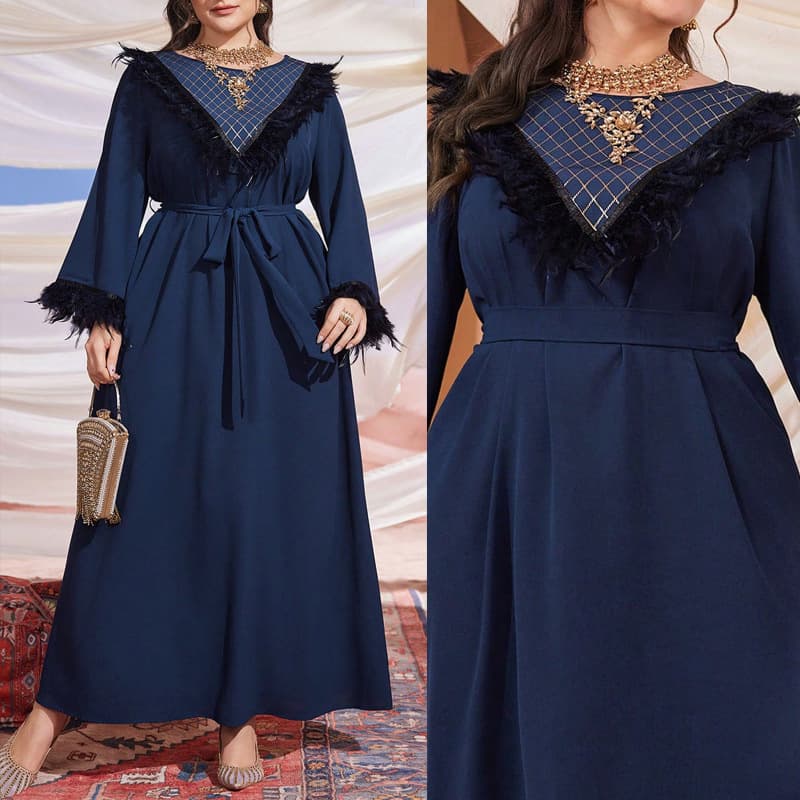Plus Size Women's Long Dress with Feather Trim V-Neck Elegant Maxi Dress