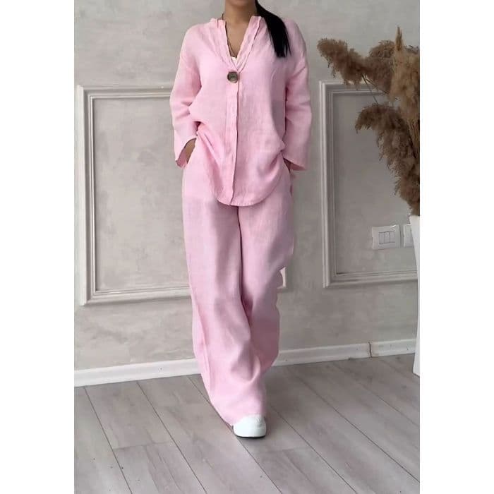 European and American Cross-Border Pink Linen Loose Two-Piece Set Women's Collar Shirt High-Waist Wide-Leg Pants Slimming Casual Suit