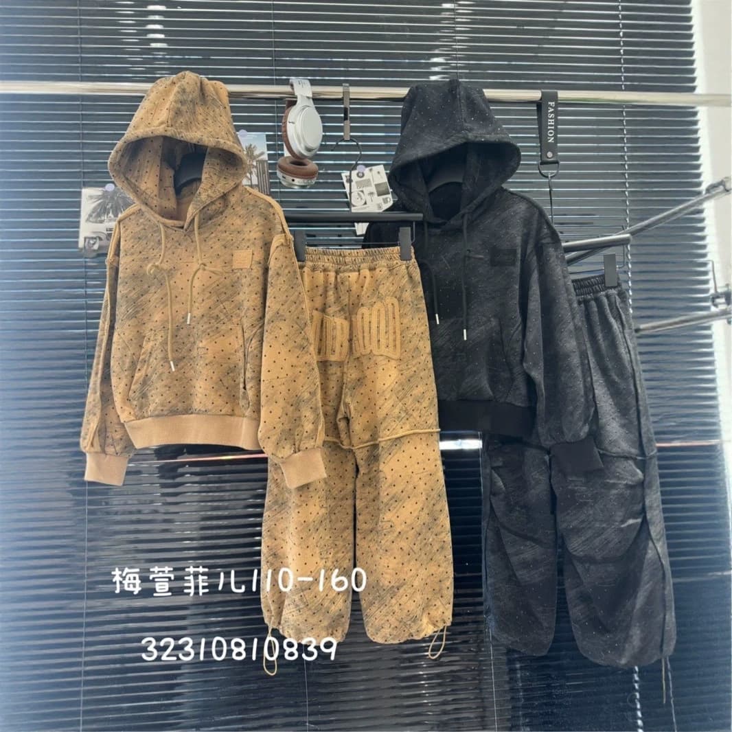 Boys & Girls Casual Fall 2-Piece Set, Older Kids, Rhinestone Hooded Top & Wide-Leg Pants, Zhili Kids' Wear, Cross-Border